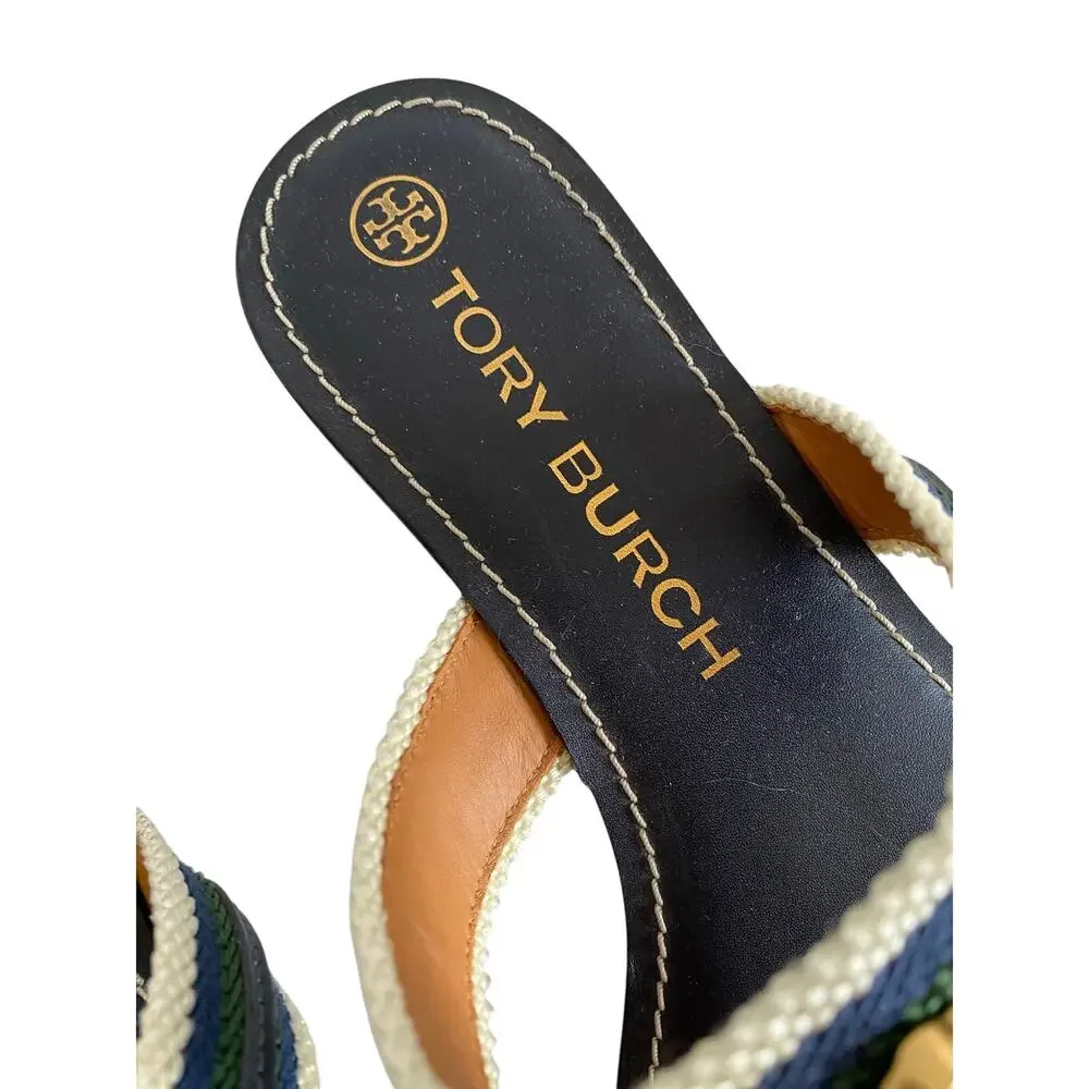 Tory Burch Jessa‎ Navy Leather Thong Sandals Dragon Chain Stripe Webbing 9.5